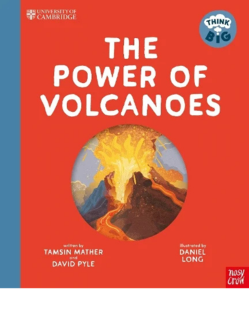 Red book cover with an erupting volcano